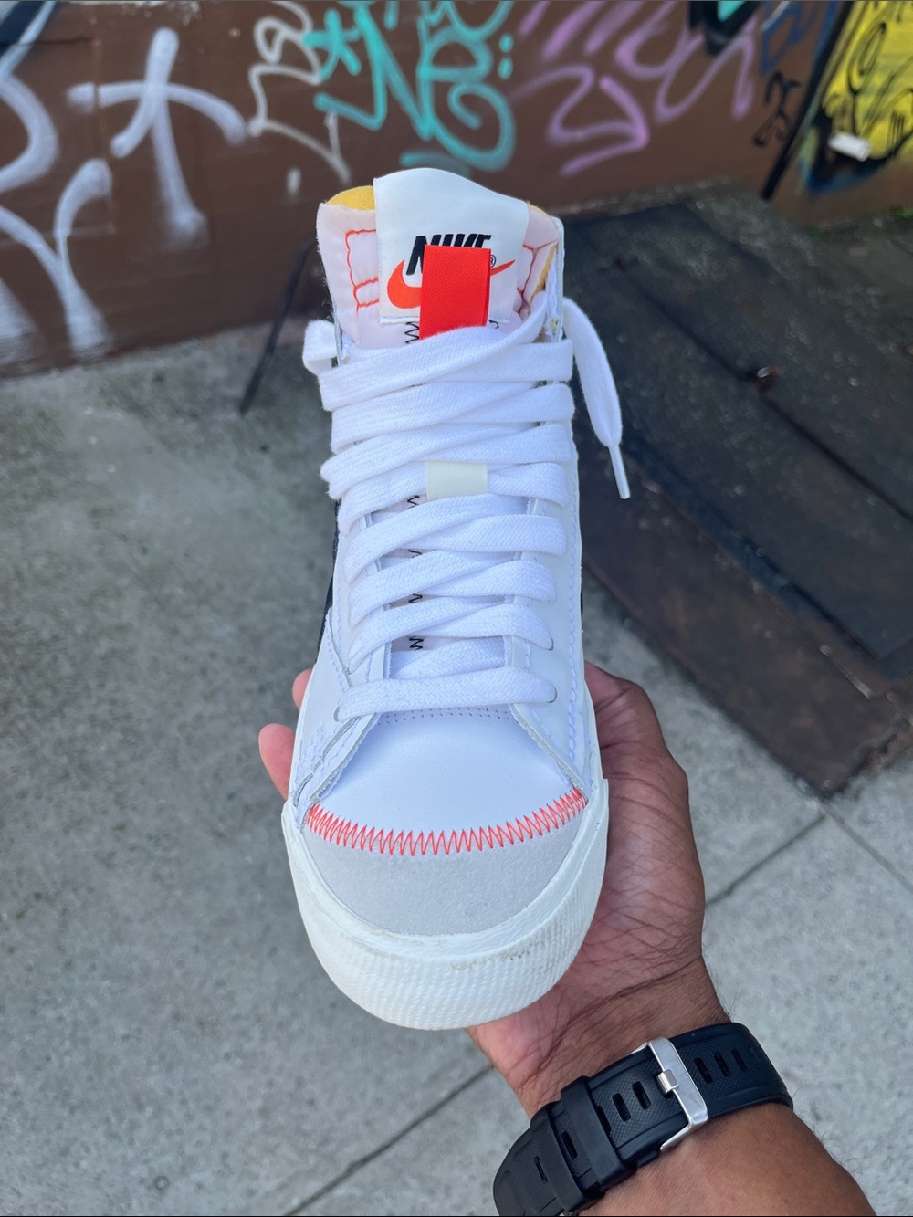 Nike White Blazer Jumbo High-Top Sneakers with Orange Stitching